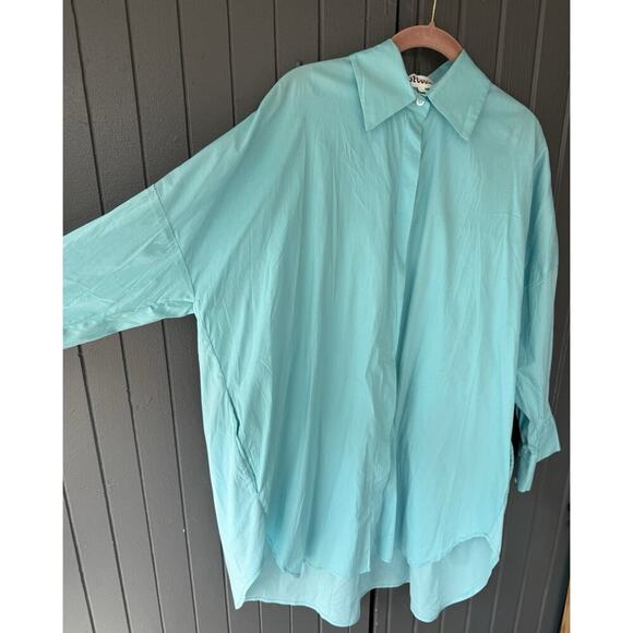 Secular Italy Oversized Button Up Shirt Top Aqua XS O/S 56” Bust Lagenlook $237 - Picture 2 of 12